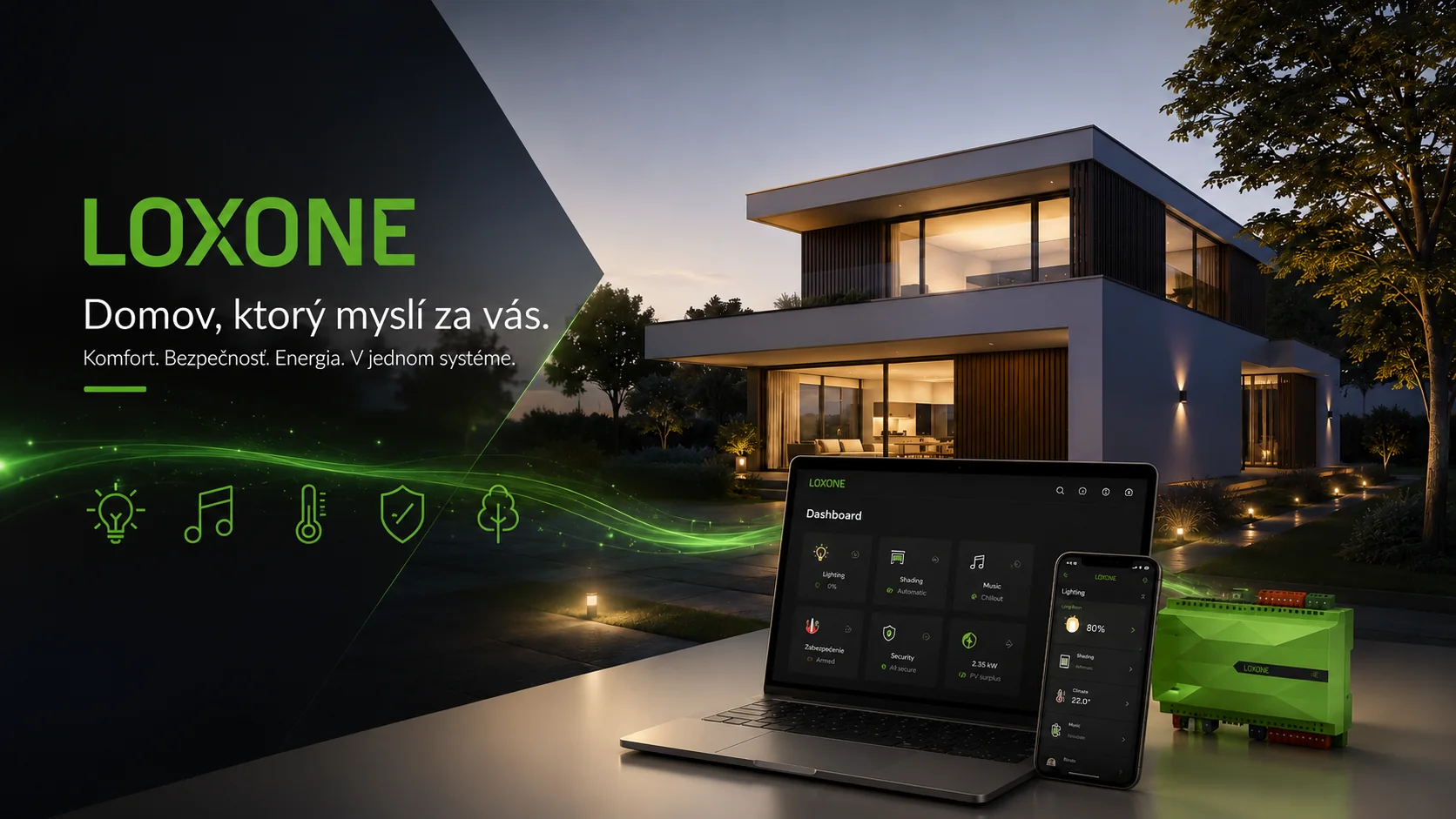 Loxone inteligentný dom s riadením osvetlenia, kúrenia, bezpečnosti a energie